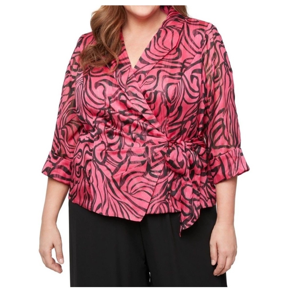 Alex Evenings (G4) Womens Plus Printed 3/4 Sleeve Blouse Fuchsia Size 3X NWT